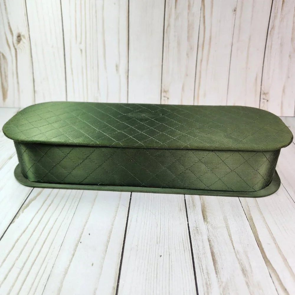 Quilted Green Satin Vanity Box Gloves Hankie Scarf Vintage 13.5 in *READ*